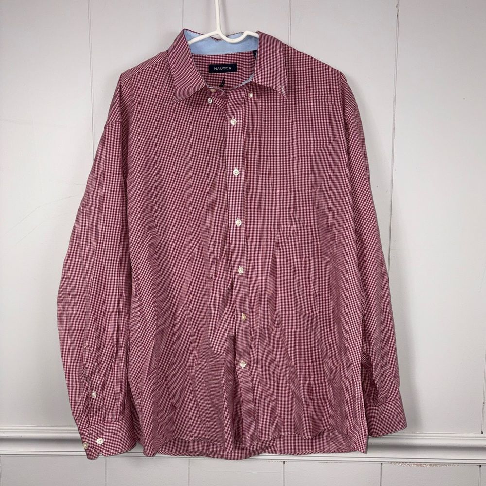 Nautica Red White Checkered Button Down Mens Long Sleeve Casual Shirt 17.5 Basic